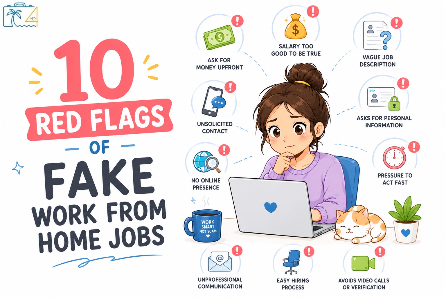 Illustration showing 10 red flags of fake work from home jobs, including scam warning signs, suspicious recruiters, and fake job offers