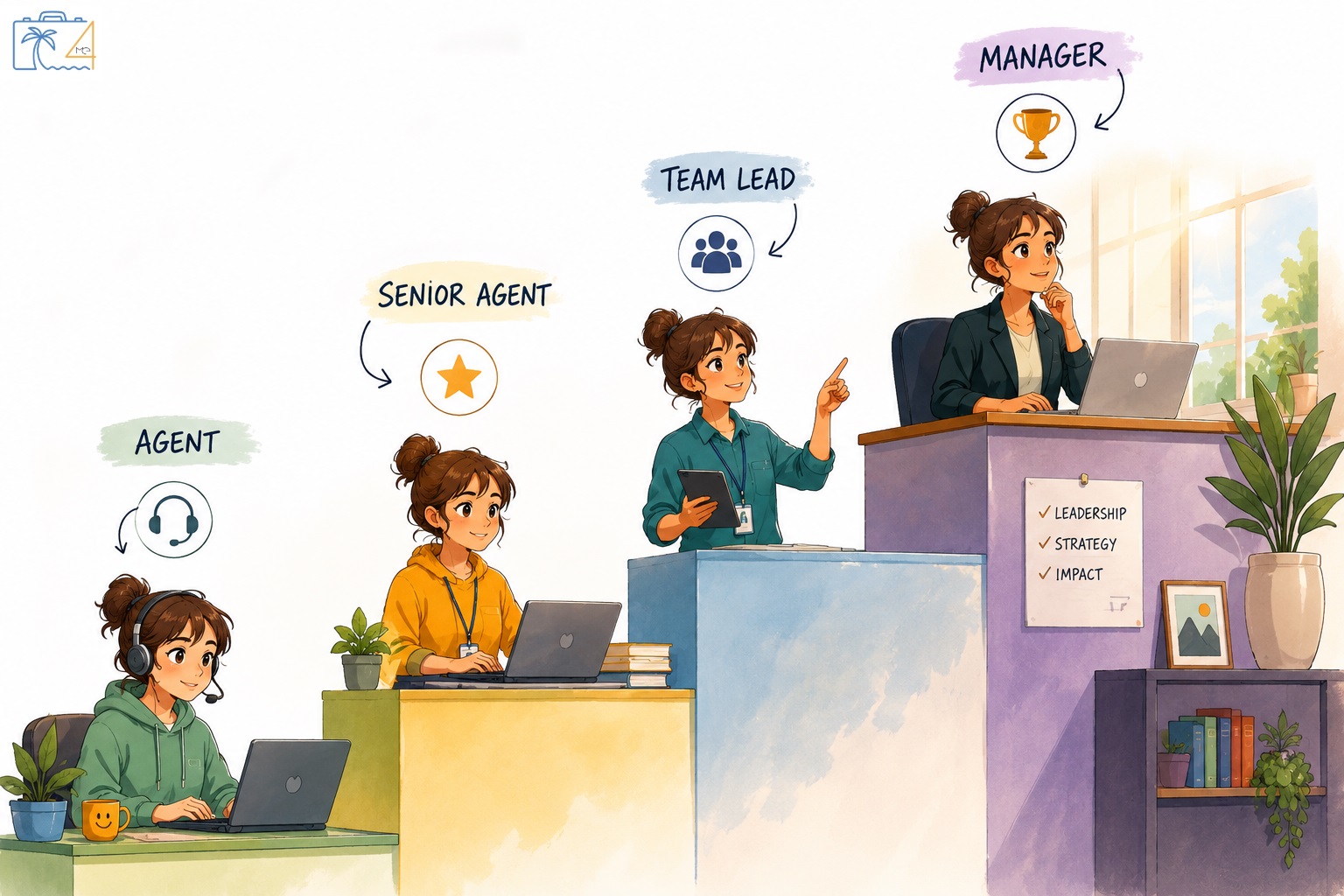 Customer support career path showing growth from support agent to senior agent, team lead, and manager in a remote work environment.