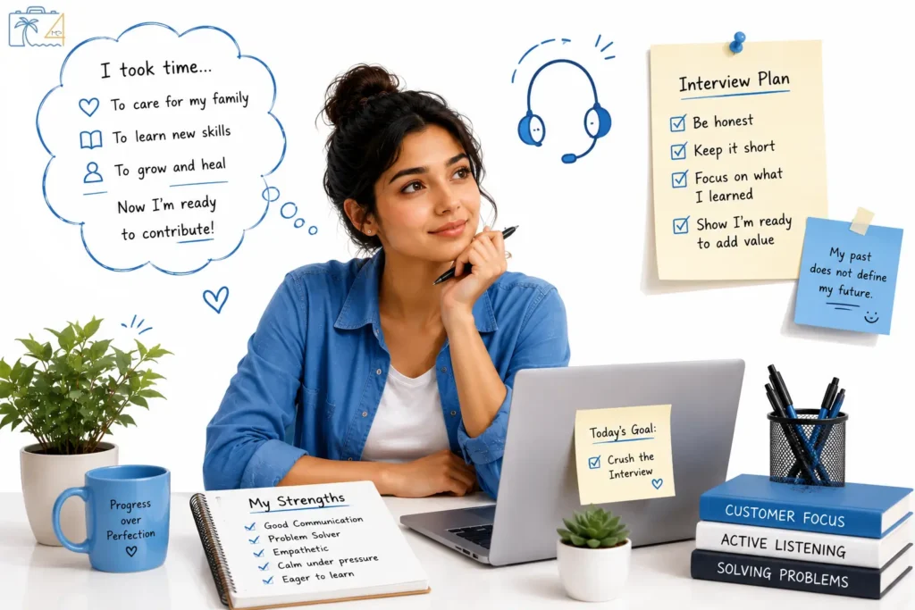 A job seeker reviewing interview notes and preparing to explain a career gap before a customer support interview