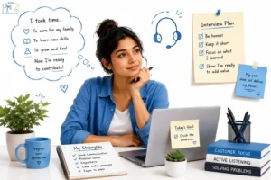 A job seeker reviewing interview notes and preparing to explain a career gap before a customer support interview