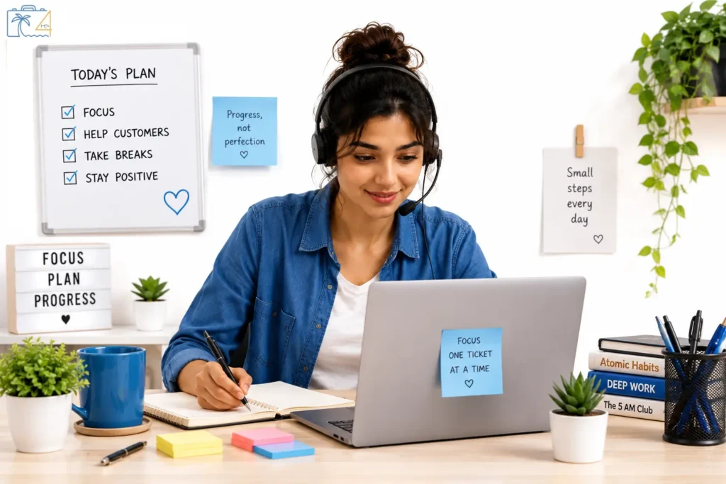 Remote customer support agent focused on work from home in a clean and organized workspace