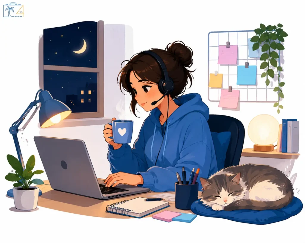 Remote customer support agent working a cozy night shift from home with a laptop, headset, coffee, and sleeping cat.