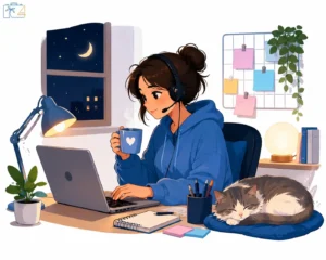 Remote customer support agent working a cozy night shift from home with a laptop, headset, coffee, and sleeping cat.