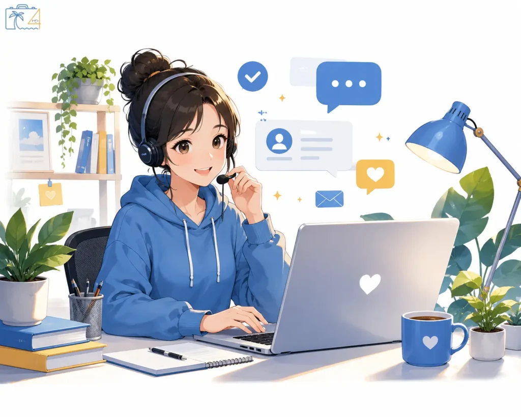 Anime-style illustration of a remote customer support agent working from a cozy home office with a laptop and headset