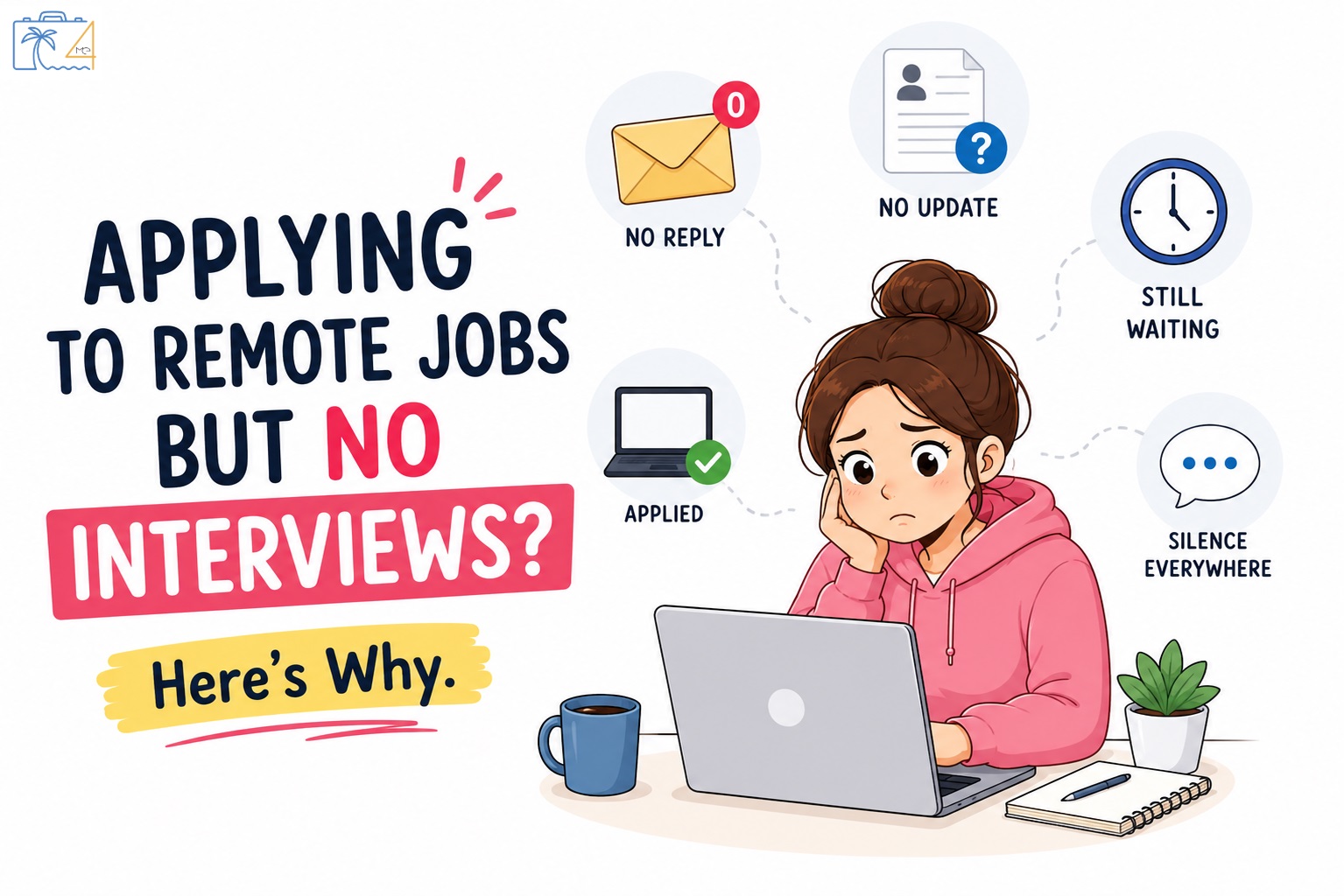 Illustration of a remote job seeker waiting for interview responses after applying to remote jobs online